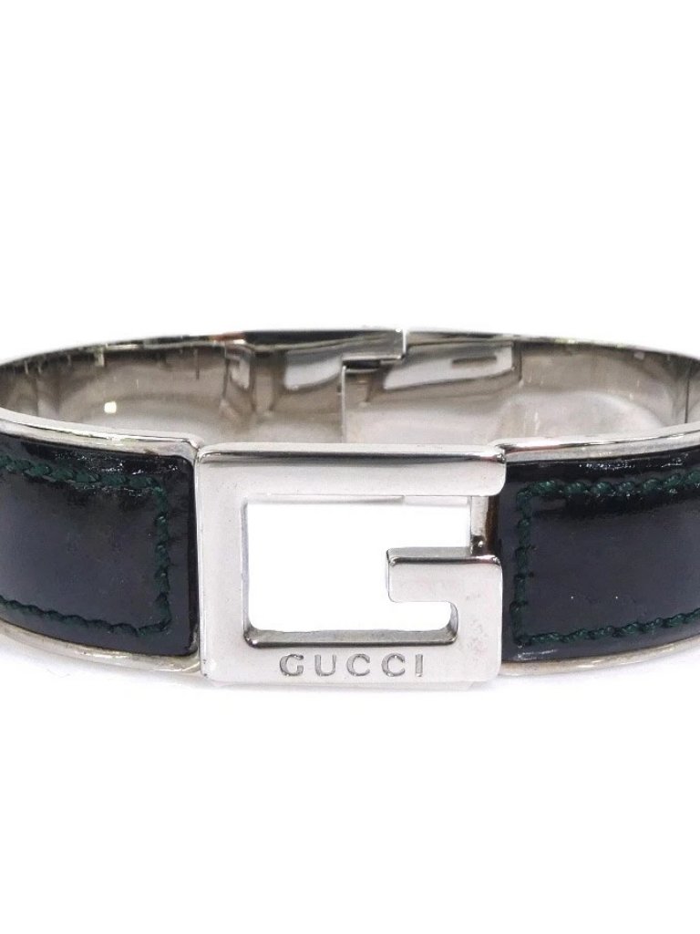 Auth Gucci G Logo Bangle Bracelet Silver/Black Metal/Patent Leather